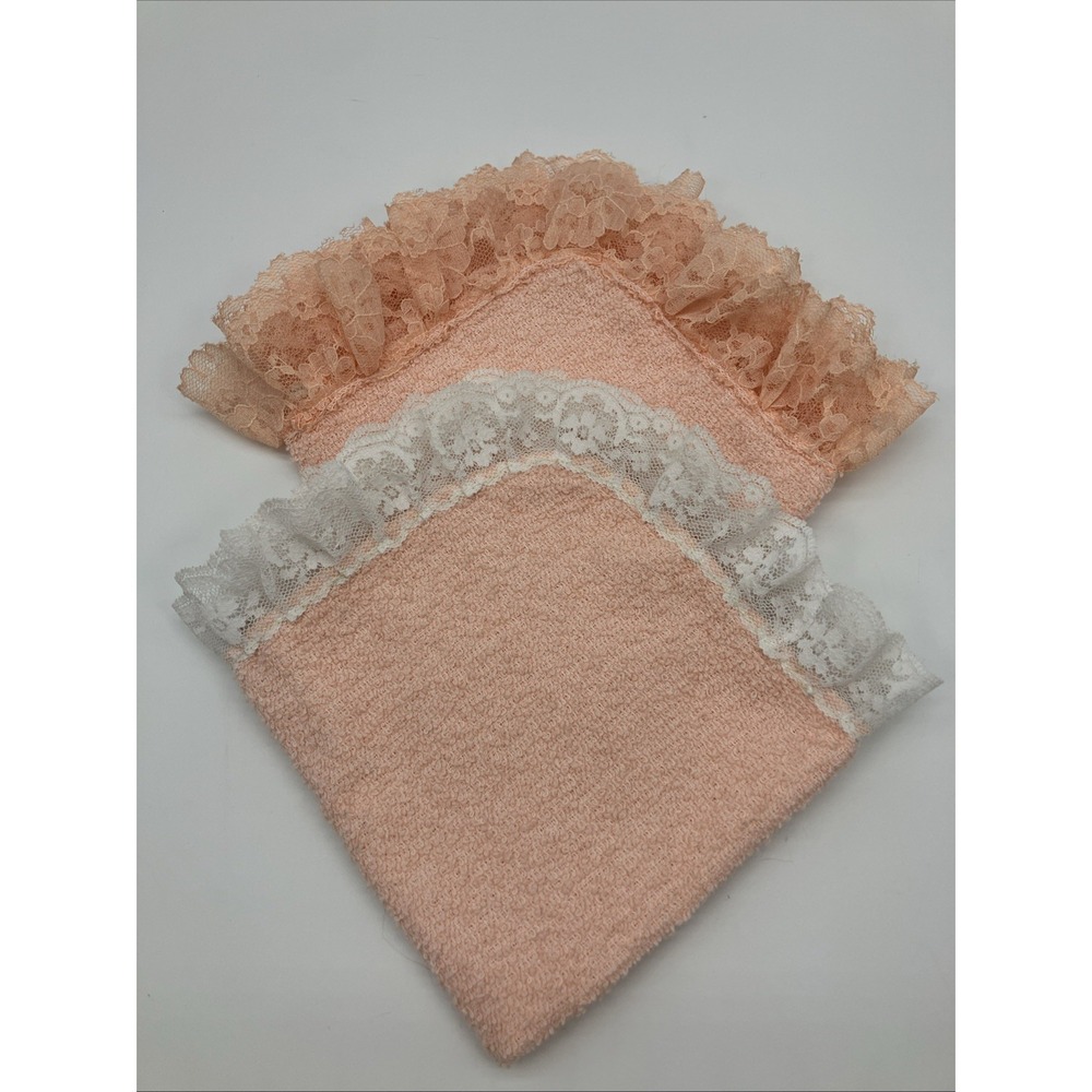 2 Vtg Cannon All Cotton Orange Peach Lace Washcloths USA Granny Cottage Coquette